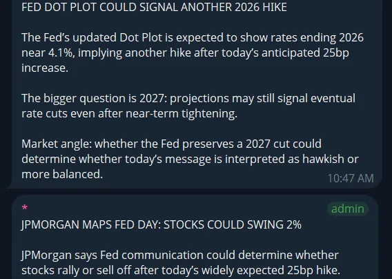 Newsroom posts: Fed dot plot could signal another 2026 hike; JPMorgan maps Fed day